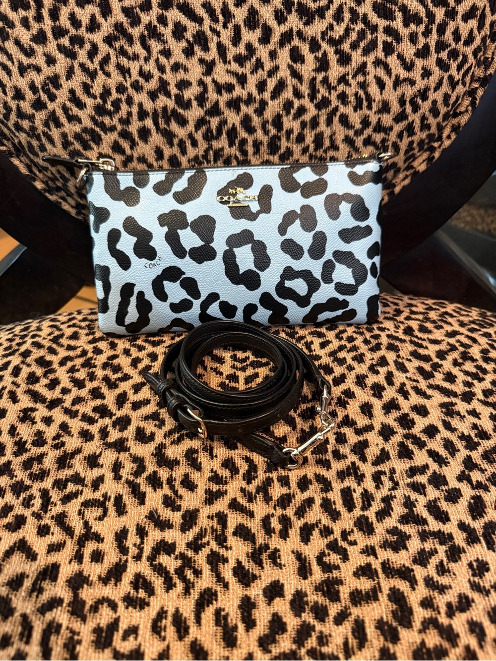 Coach Light Blue and Black Leopard Print Crossbody Pouch